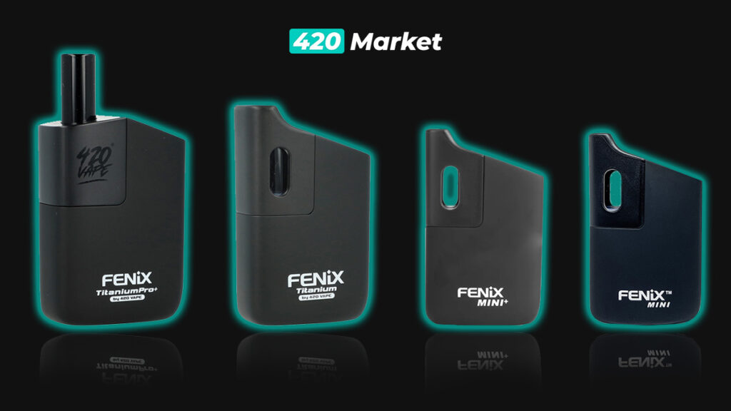 Porównanie waporyzatorów Fenix: Mini, Mini+, Titanium i Titanium Pro+ - Który wybrać? 1 Zdjęcie przedstawiające cztery modele waporyzatorów marki Fenix ustawione obok siebie na czarnym tle z logo 420 Market u góry. Od lewej: Fenix Titanium Pro+, Fenix Titanium, Fenix Mini+ oraz Fenix Mini. Każdy waporyzator ma czarną, kompaktową obudowę. Obraz ma przedstawiać różnice i porównanie wszystkich modeli