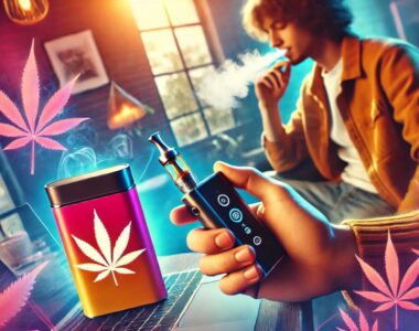 Użytkownik marihuany korzystający z przenośnego waporyzatora w nowoczesnym, stylowym wnętrzu z delikatnymi chmurkami pary i subtelnymi liśćmi konopi w tle.