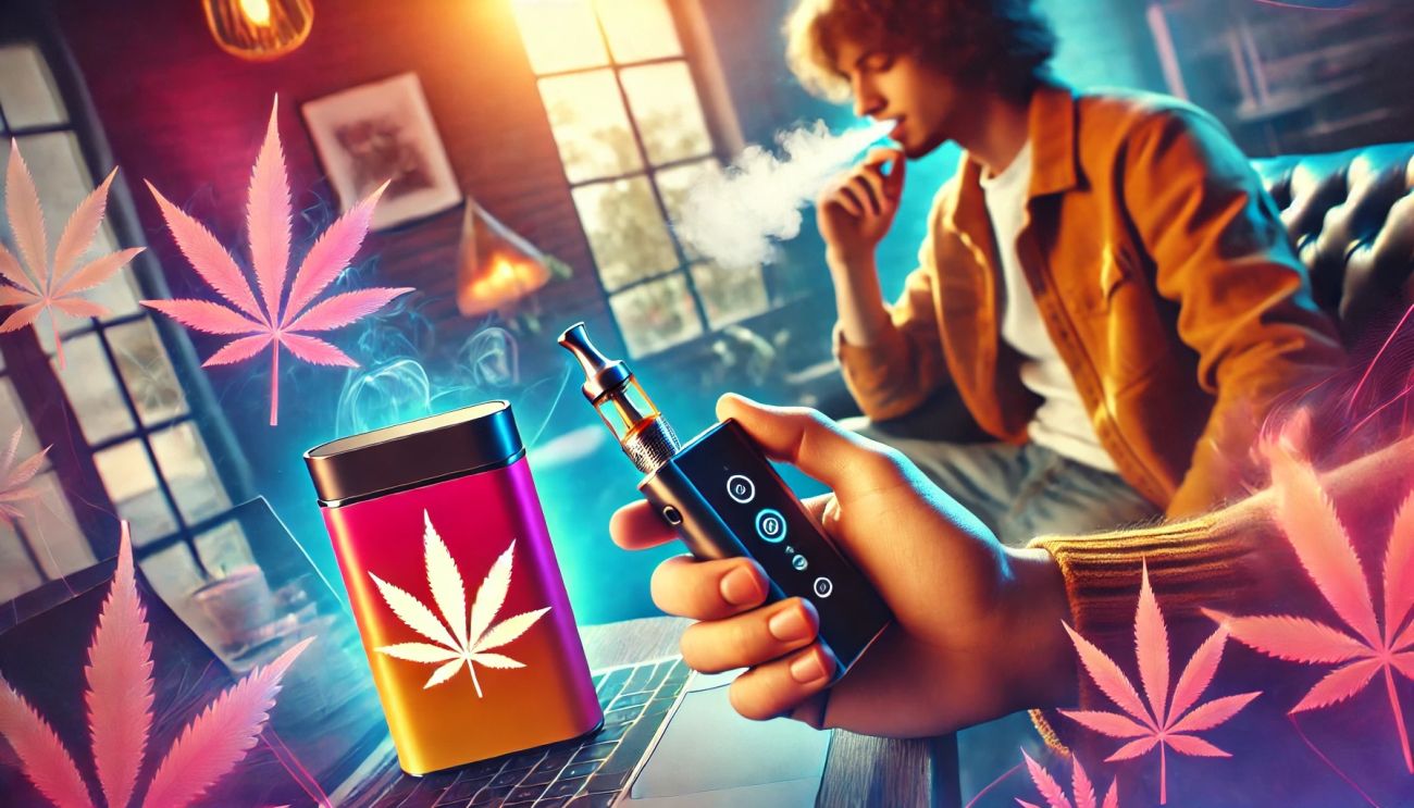 Użytkownik marihuany korzystający z przenośnego waporyzatora w nowoczesnym, stylowym wnętrzu z delikatnymi chmurkami pary i subtelnymi liśćmi konopi w tle.