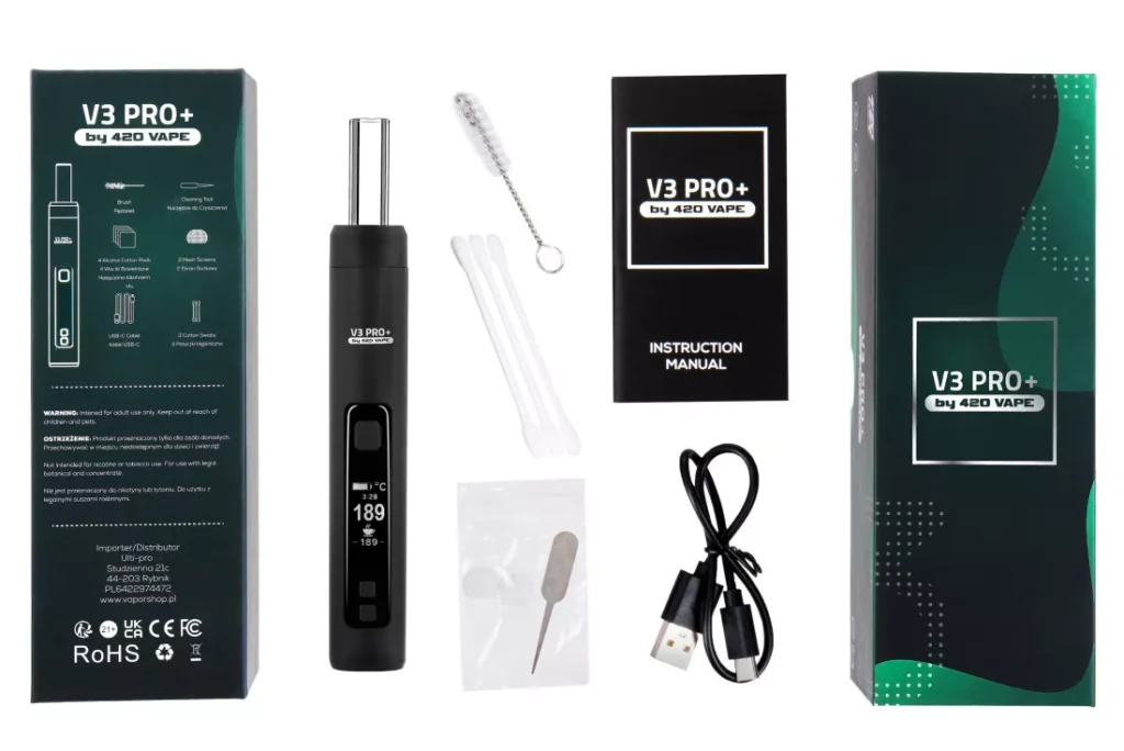 XMAX V3 Pro+ Plus waporyzator 420Vape 3 Zestaw waporyzatora X-MAX V3 Pro+ od 420Vape - waporyzator, ładowarka, instrukcja, zestaw do czyszczenia