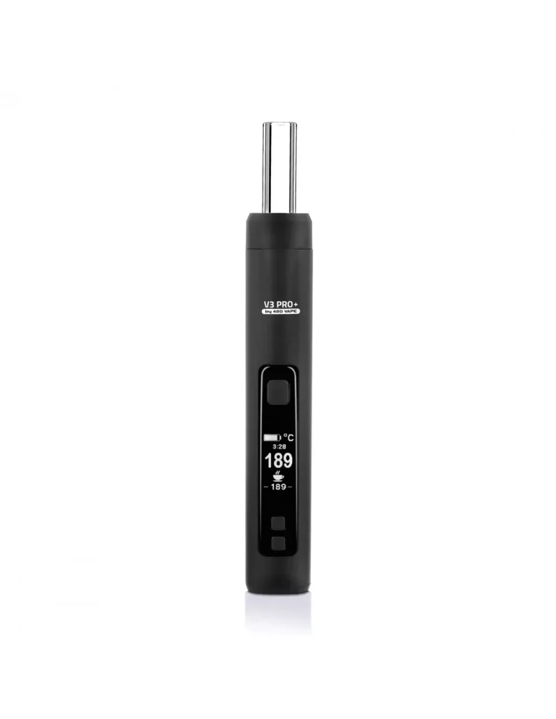 XMAX V3 Pro+ Plus waporyzator 420Vape 2 Waporyzator V3 PRO+ Plus 420VAPE z czarną obudową, wyświetlaczem cyfrowym pokazującym temperaturę 189°C oraz szklanym ustnikiem, widok z przodu