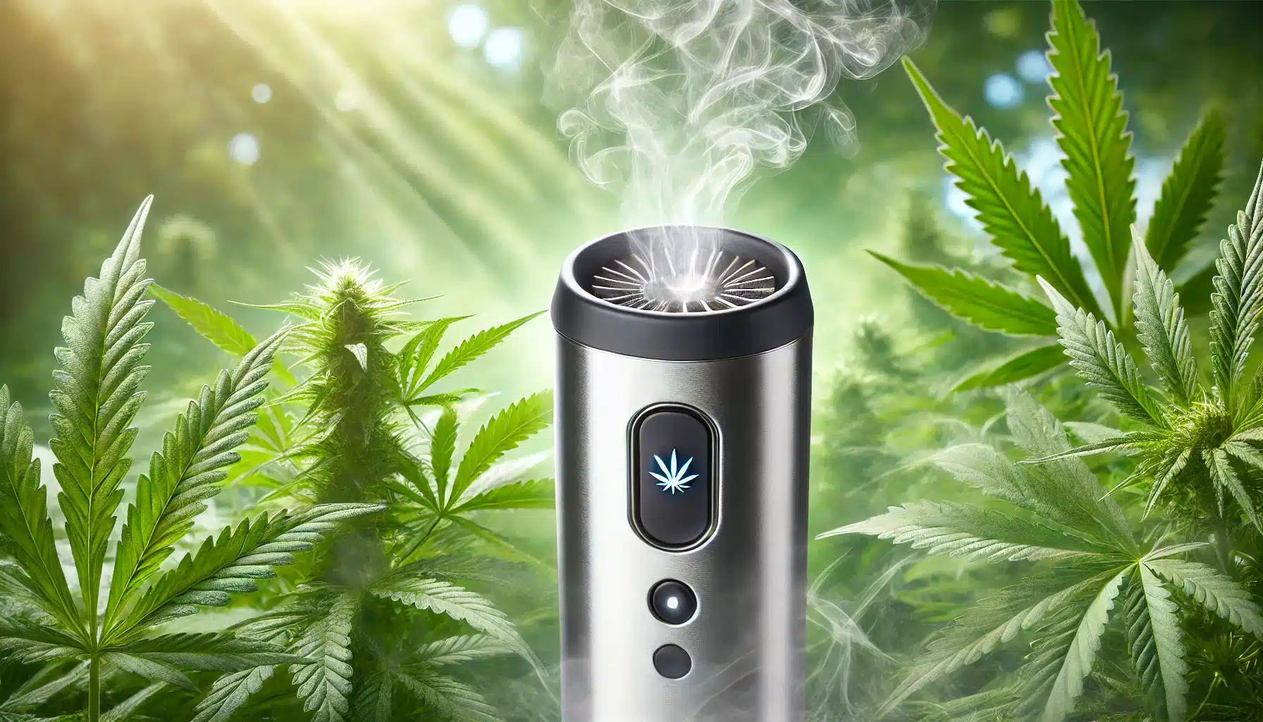 Nowoczesny waporyzator do suszu emitujący czystą parę na tle świeżych zielonych liści konopi, przedstawiający czym jest waporyzacja.
