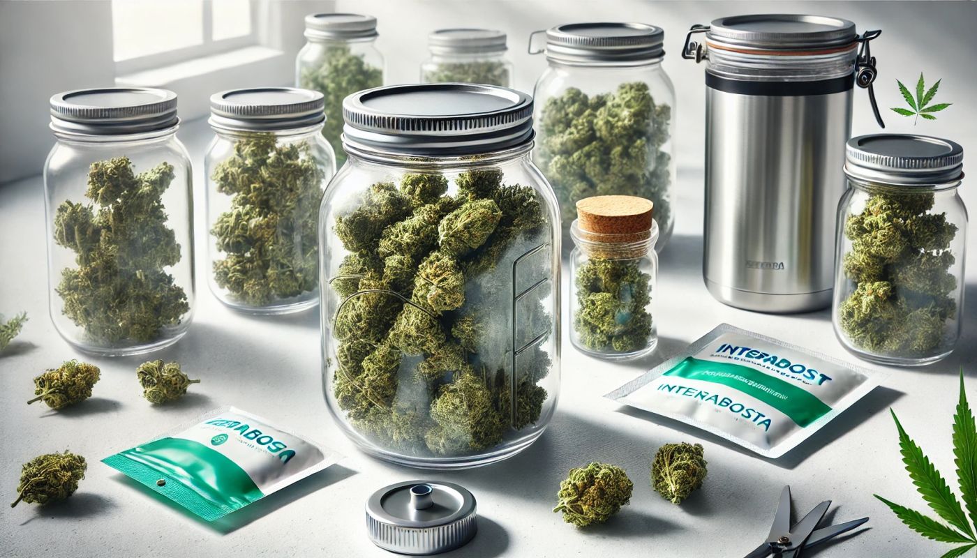 Szklane słoiki z hermetycznym zamknięciem wypełnione pąkami marihuany, obok pojemników próżniowych i regulatorów wilgotności na jasnym tle, które obrazują, Jak przechowywać marihuanę medyczną