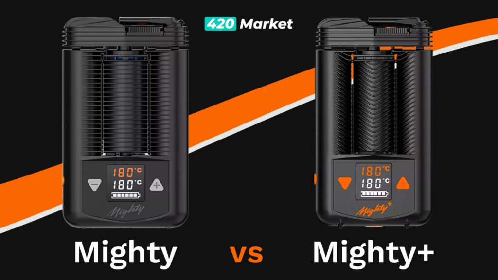 Mighty vs Mighty+ - Który Waporyzator Storz & Bickel Wybrać? Szczegółowe Porównanie 1 Porównanie waporyzatorów Storz & Bickel - Mighty vs Mighty+. Obraz przedstawia oba modele z wyświetlaczami ustawionymi na 180°C, po lewej Mighty, po prawej Mighty+. W tle logo 420 Market na czarno-pomarańczowym tle