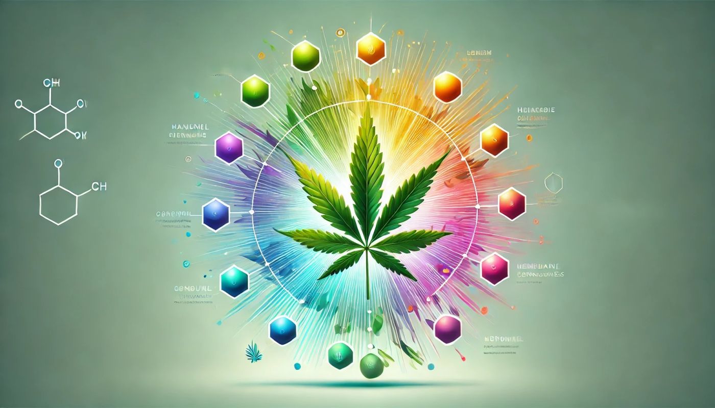 Obraz przedstawiający terpeny konopne stylizowany liść konopi z kolorami reprezentującymi różnorodne terpeny, symbolizujący naturalność i czystość terpenów w marihuanie