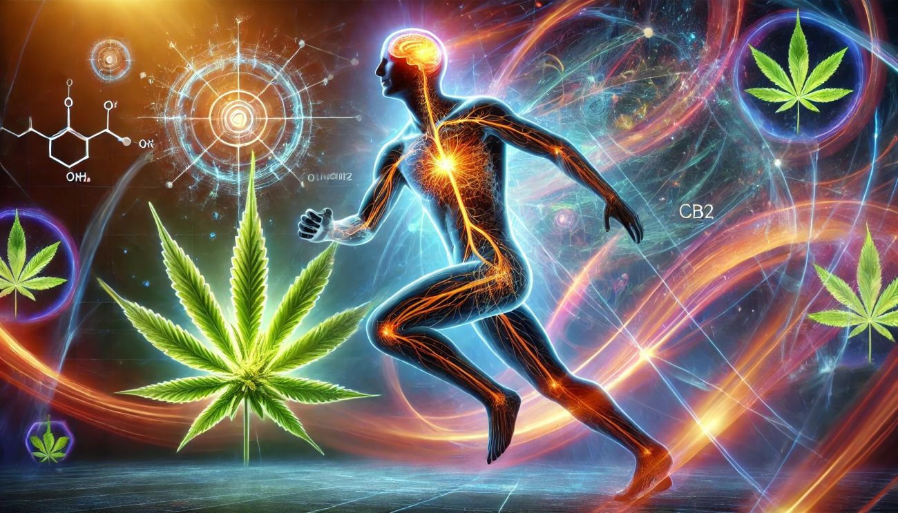 Dynamiczny obraz przedstawiający układ endokannabinoidowy w ludzkim ciele. Widać sylwetkę człowieka w ruchu, z podświetlonymi ścieżkami reprezentującymi receptory CB1 i CB2, zlokalizowane w mózgu, układzie nerwowym oraz komórkach układu odpornościowego. Tło jest nowoczesne, z energetycznymi wirami i abstrakcyjnymi elementami symbolizującymi przepływ endokannabinoidów, takich jak anandamid. Obraz podkreśla aktywną rolę układu endokannabinoidowego w regulacji zdrowia.