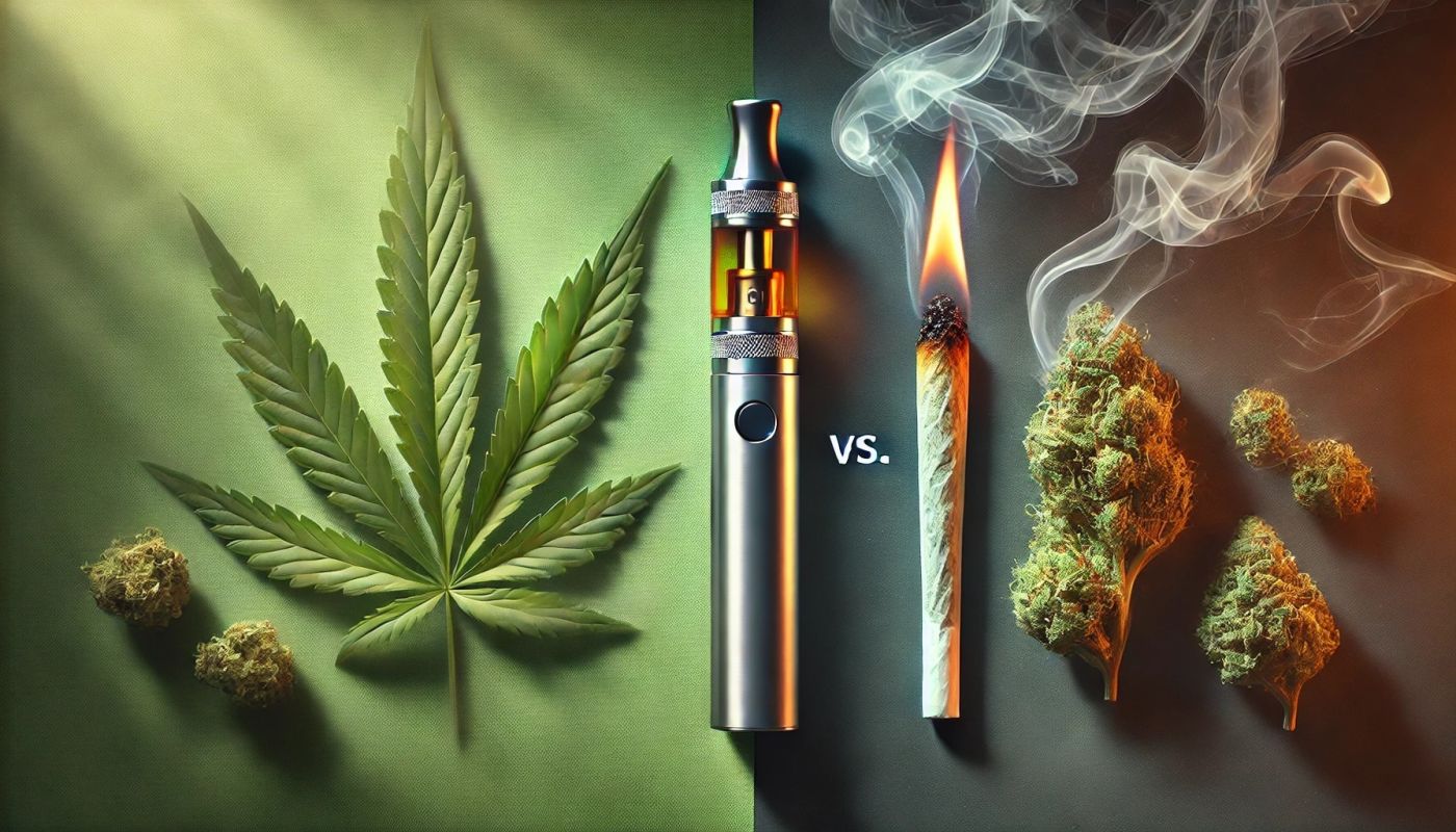 Obraz przedstawiający porównanie waporyzacji i palenia marihuany. Po lewej stronie nowoczesny waporyzator uwalniający parę z liśćmi marihuany, po prawej stronie płonący joint. Tło przechodzi od zielonego do ciemnoszarego, symbolizując naturalny aspekt marihuany oraz intensywność metod konsumpcji.