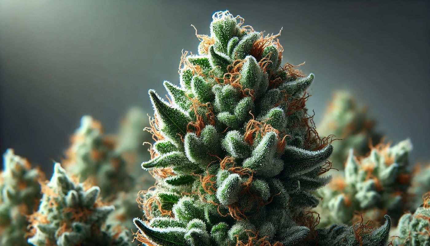 Zbliżenie na susz medycznej marihuany Aurora Delahaze. Zielone kwiaty pokryte są kryształkami trichomów i pomarańczowymi włoskami, symbolizującymi świeżość i wysoką jakość tej odmiany.