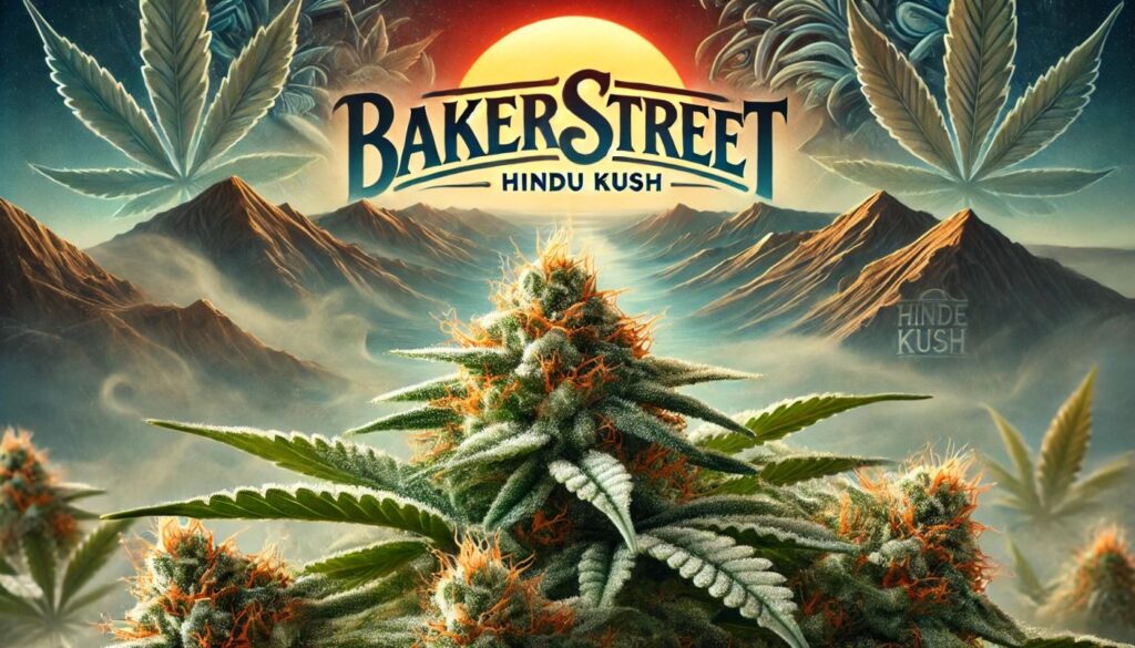 Bakerstreet THC 20% CBD ≤1% Canopy Growth – Hindu Kush 1 Zbliżenie na kwiat marihuany odmiany Bakerstreet 20% THC od Canopy Growth z widocznymi pomarańczowymi słupkami i srebrzystymi trichomami, na tle stylizowanego górskiego krajobrazu nawiązującego do pochodzenia Hindu Kush.