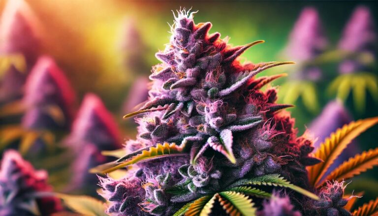Zbliżenie na kwiaty konopi odmiany Pink Kush o różowo-fioletowych odcieniach, pokryte kryształkami trichomów, na rozmytym tle zielonych liści. Obraz symbolizuje medyczne zastosowanie i estetyczny wygląd tej odmiany.