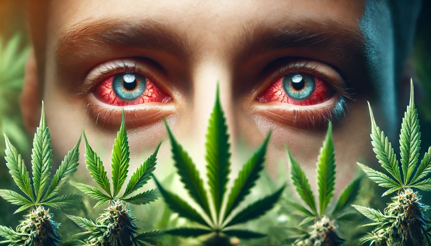 Zbliżenie na oczy z widocznymi czerwonymi żyłkami na tle liści marihuany, symbolizujące efekt zaczerwienienia oczu po paleniu marihuany.