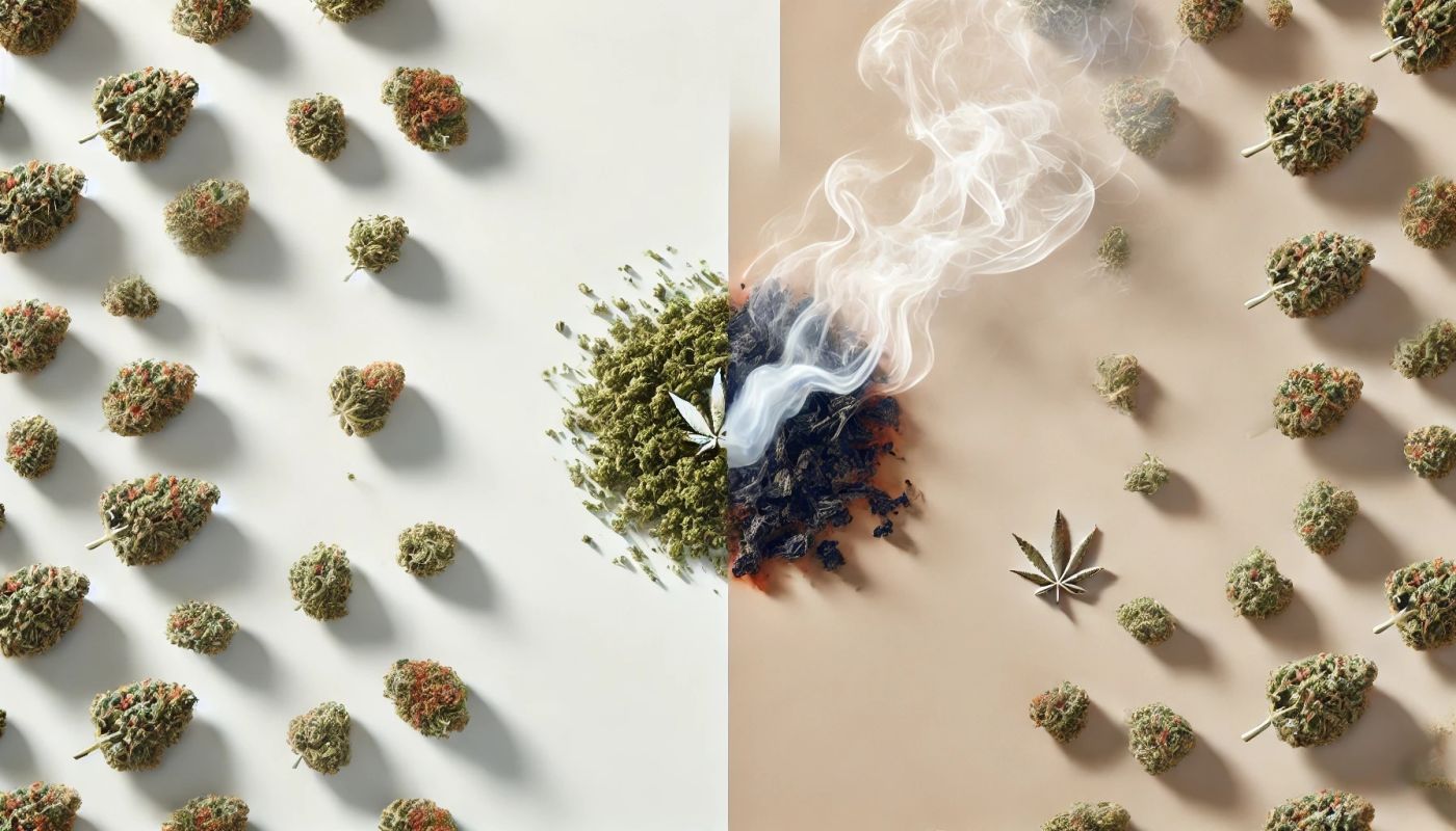 Minimalistyczne porównanie: po lewej stronie duży susz marihuany otoczony czystą parą, po prawej płonący susz marihuany z unoszącym się dymem, bez urządzeń czy narzędzi, pokazujące różnicę między waporyzacją a paleniem