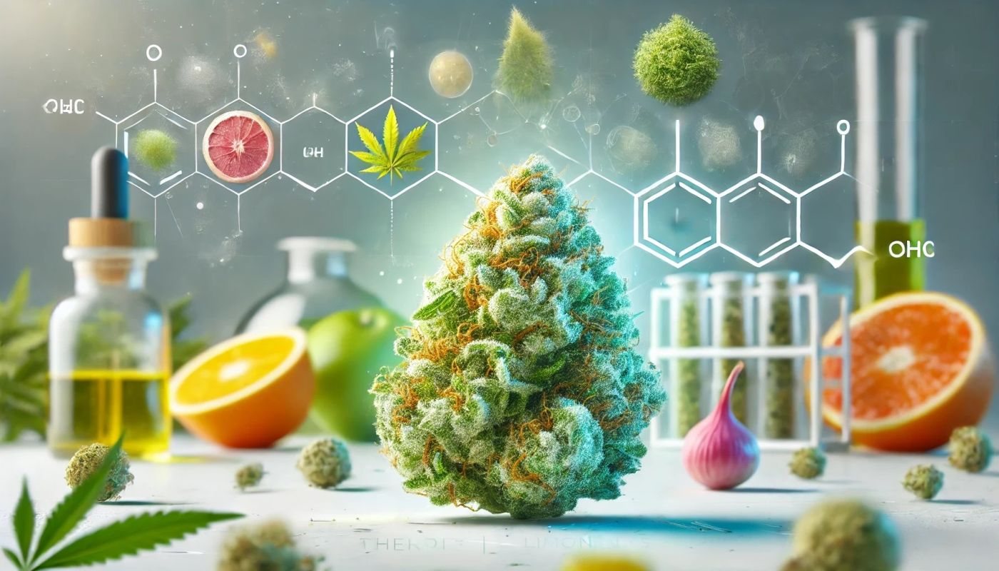 Zbliżenie na top konopi Ghost Train Haze, pokryty białymi trichomami, z cytrusami, sosnami i ziołami w tle, symbolizującymi profil terpenowy odmiany, na tle medycznego laboratorium.