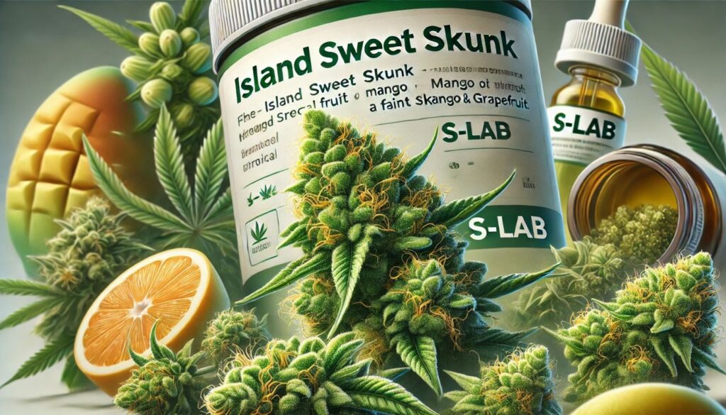 Island Sweet Skunk (S-LAB) THC 22% CBD 1% 1 Island Sweet Skunk - odmiana medycznej marihuany S-LAB THC 22% CBD ≤1%, z bliska widoczne zielone pąki konopi z żółtymi i pomarańczowymi włoskami, tło z tropikalnymi owocami mango i grejpfrutem.