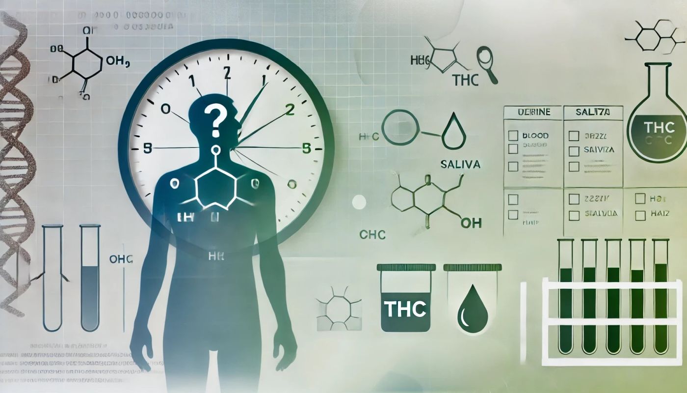 Ilustracja symboliczna przedstawiająca utrzymywanie się THC w organizmie, z elementami takimi jak sylwetka człowieka, struktura cząsteczki THC, zegar oraz ikony próbek moczu, krwi, śliny i włosów, w medycznym i naukowym stylu