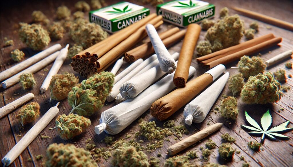 Joint, Spliff i Blant – Poznaj różnice między rodzajami skrętów 1 obraz przedstawiający jointy, spliffy i blanty rozrzucone na stole z suszem medycznej marihuany, pokazujący szczegóły i tekstury różnych rodzajów skrętów