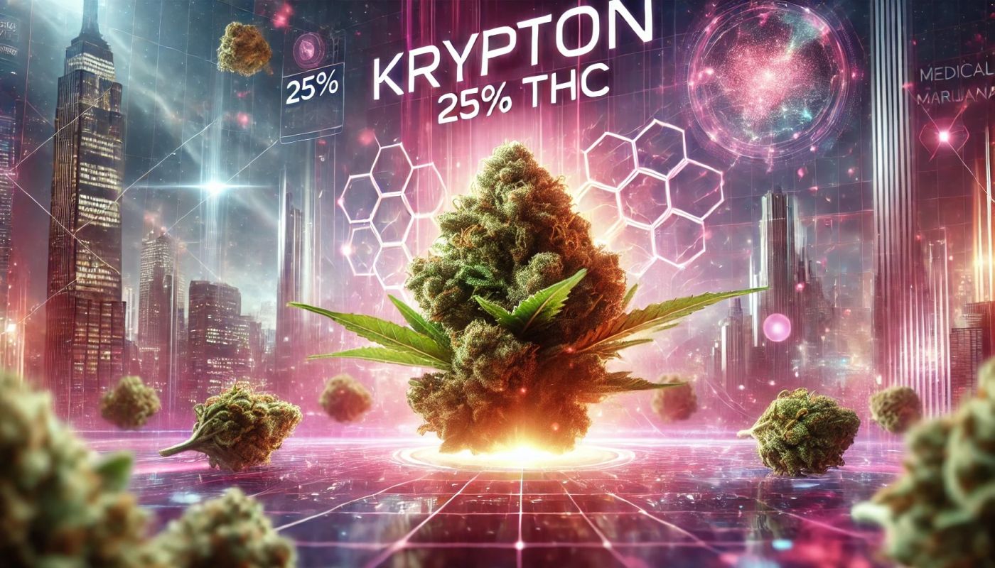 Futurystyczny obraz przedstawiający kwiat marihuany odmiany Krypton z gęstymi trichomami, na tle miejskiego krajobrazu. Jasnoróżowa aura nawiązuje do opakowania, podkreślając moc terapeutyczną tej odmiany z 25% THC.