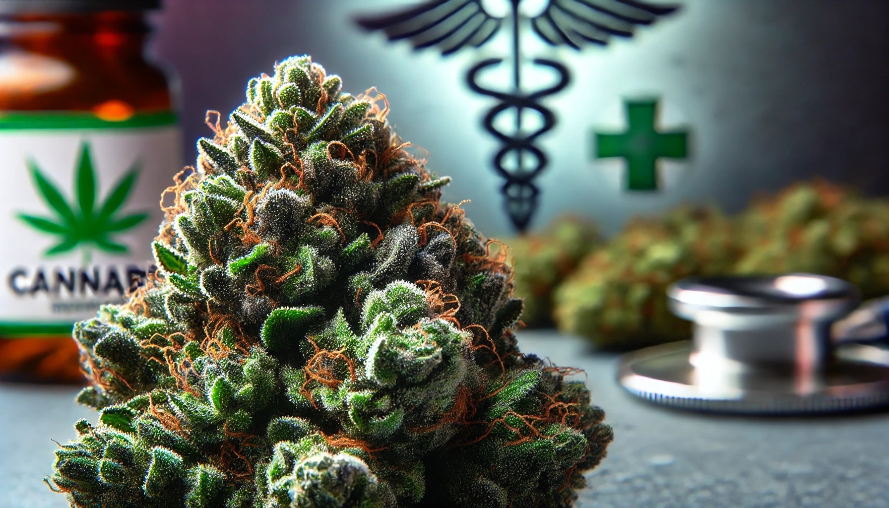 Zbliżenie na gęste, ciemnozielone kwiaty marihuany L.A. Confidential od Aurora, z fioletowymi i pomarańczowymi akcentami, pokryte lśniącymi trichomami, na tle subtelnych symboli medycznych.