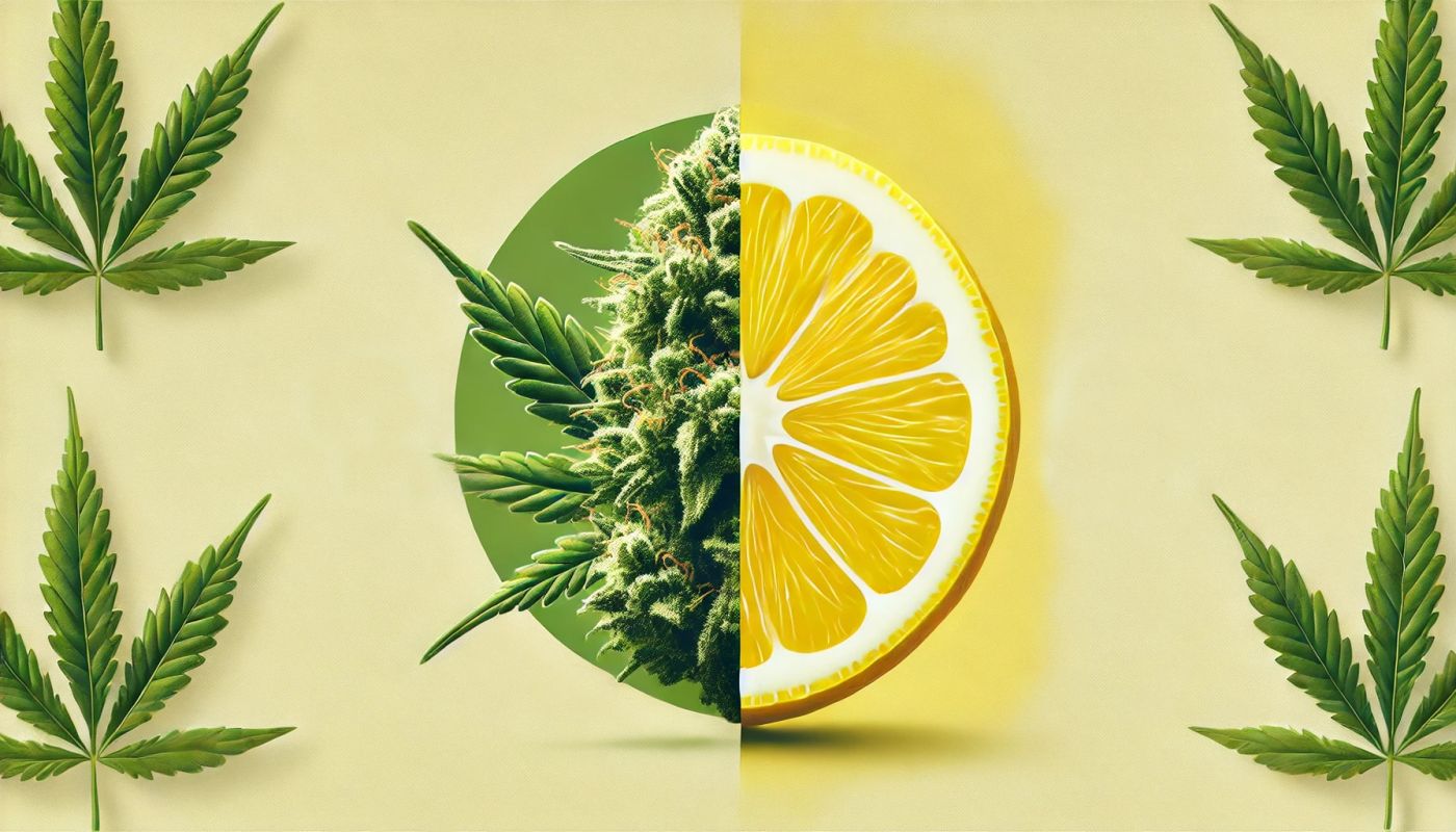 Obraz podzielony na dwie części z suszem marihuany na środku, gdzie jedna połowa wygląda normalnie, a druga połowa jest przekształcona w cytrynę, symbolizując obecność terpenu limonen w marihuanie i cytrusach