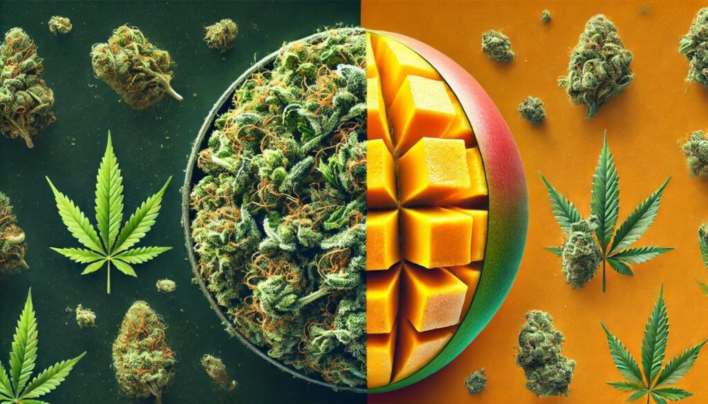 Mircen: Terpen, odpowiedzialny za relaks z marihuaną 2 Podzielony obraz przedstawiający susz marihuany, którego lewa połowa wygląda normalnie, a prawa część przechodzi płynnie w mango, symbolizując owocowy aromat Mircenu