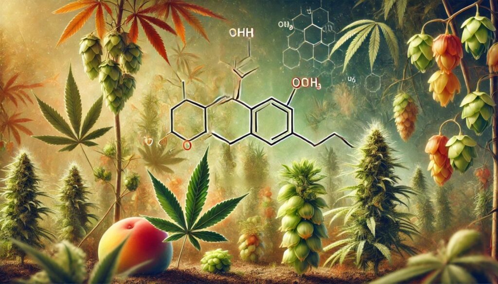 Mircen: Terpen, odpowiedzialny za relaks z marihuaną 1 Artystyczne przedstawienie terpenu Mircen, ukazujące jego strukturę molekularną wśród roślin takich jak konopie, chmiel i mango, symbolizujące aromat i efekty działania Mircenu.