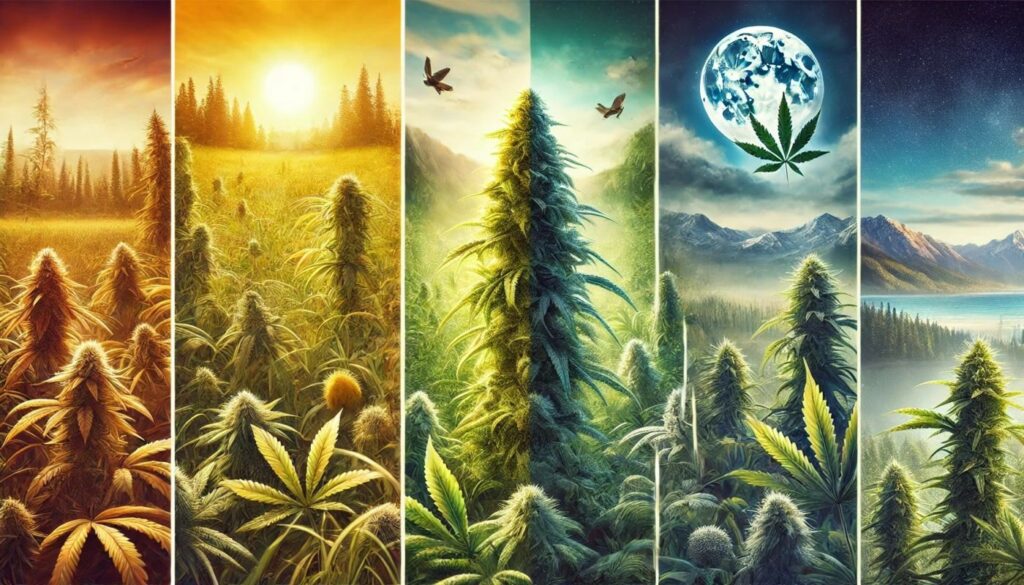 Indica vs Sativa: Różnice, działanie i odmiany 1 Obraz przedstawiający najpopularniejsze odmiany konopi Sativa, Indica i hybrydowe. Po lewej stronie wysoka Sativa w jasnym, słonecznym polu, w środku hybryda łącząca cechy obu odmian, a po prawej kompaktowa Indica na tle nocnego krajobrazu gór.