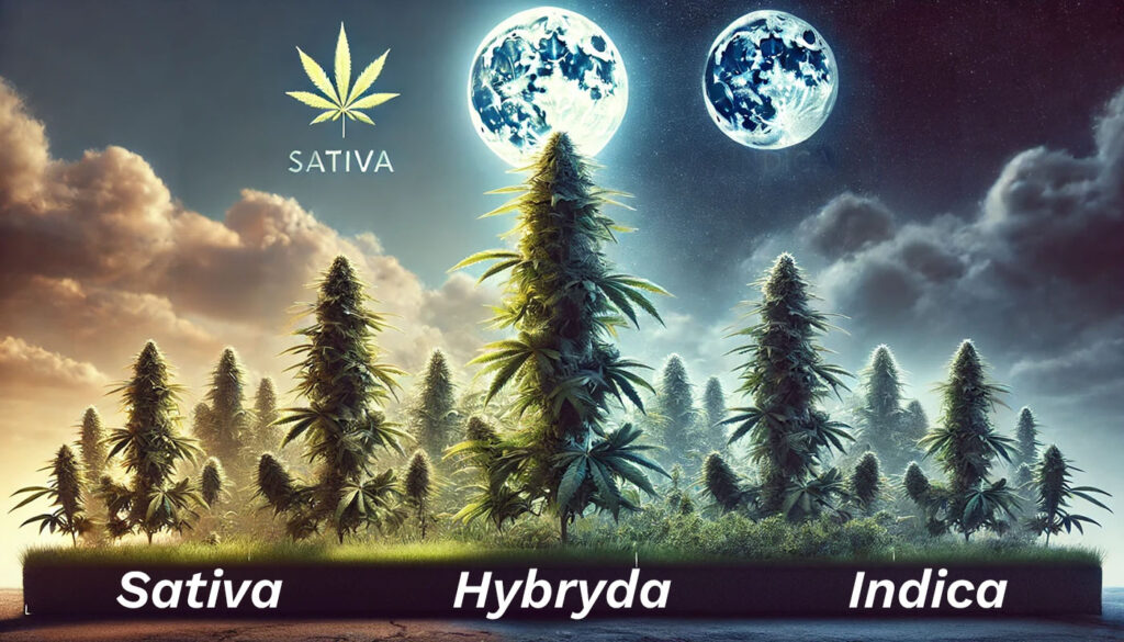 Porównanie odmian konopi Sativa, Hybryda i Indica na tle dnia i nocy. Po lewej stronie wysoka, rozłożysta Sativa w dziennym świetle z chmurami na niebie. W środku hybryda, łącząca cechy obu odmian. Po prawej mniejsza, zwarta Indica na tle nocnego nieba z widocznym księżycem