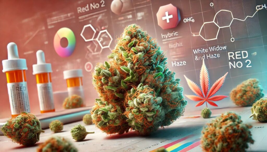 Red No 2 (Jack Haze) THC 19% CBD <1% Canopy Growth 1 Red No 2, znana jako Jack Haze, odmiana medycznej marihuany z genetyką White Widow i Haze, o gęstych pąkach pokrytych trichomami, z pomarańczowymi słupkami i mroźnym wykończeniem, w tle delikatne elementy nawiązujące do terapeutycznego działania konopi.