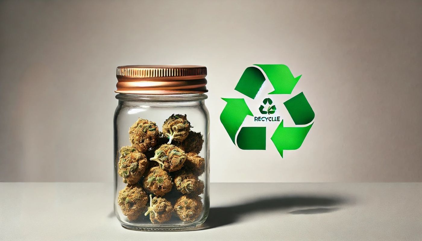 Susz marihuany medycznej ABV (Already Been Vaped) w słoiku i znak recyklingu, symbolizujący ponowne wykorzystanie i podejście zero waste.