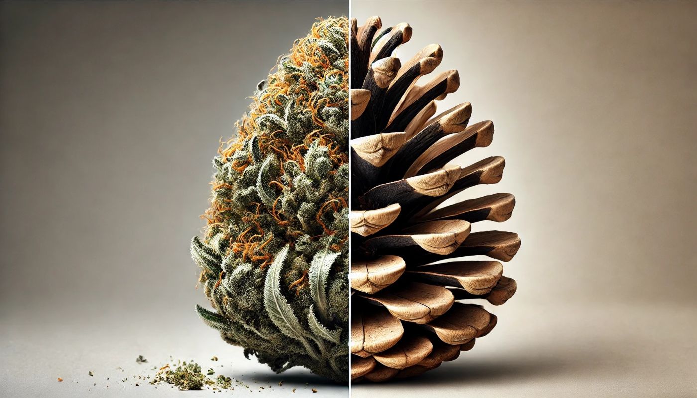 Obraz podzielony na dwie części: z lewej strony susz marihuany, a z prawej strony szyszka sosnowa. Symbolizuje naturalne pochodzenie terpenu pinenu