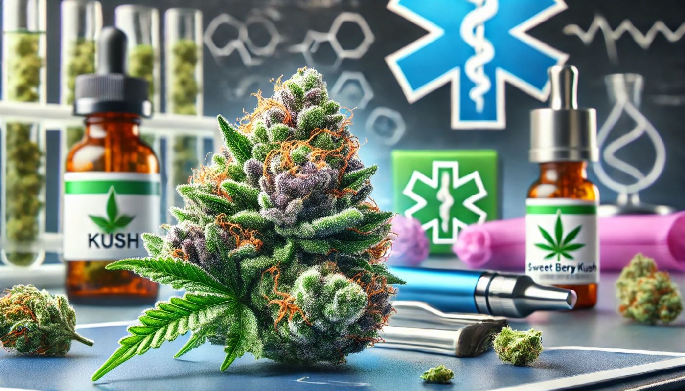 Obraz przedstawiający pąk konopi Sweet Berry Kush z firmy S-LAB, z wyraźnymi trichomami i pomarańczowymi słupkami. W tle znajdują się symbole medyczne i elementy waporyzatora, podkreślające zastosowanie marihuany medycznej.