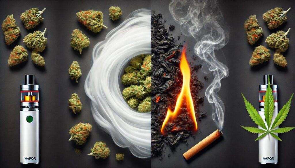 10 mitów o waporyzacji suszu, które musisz poznać 1 Porównanie waporyzacji i palenia marihuany: po lewej stronie susz marihuany otoczony czystą parą, po prawej płonący susz marihuany z widocznym dymem, podkreślające różnice między waporyzacją a paleniem