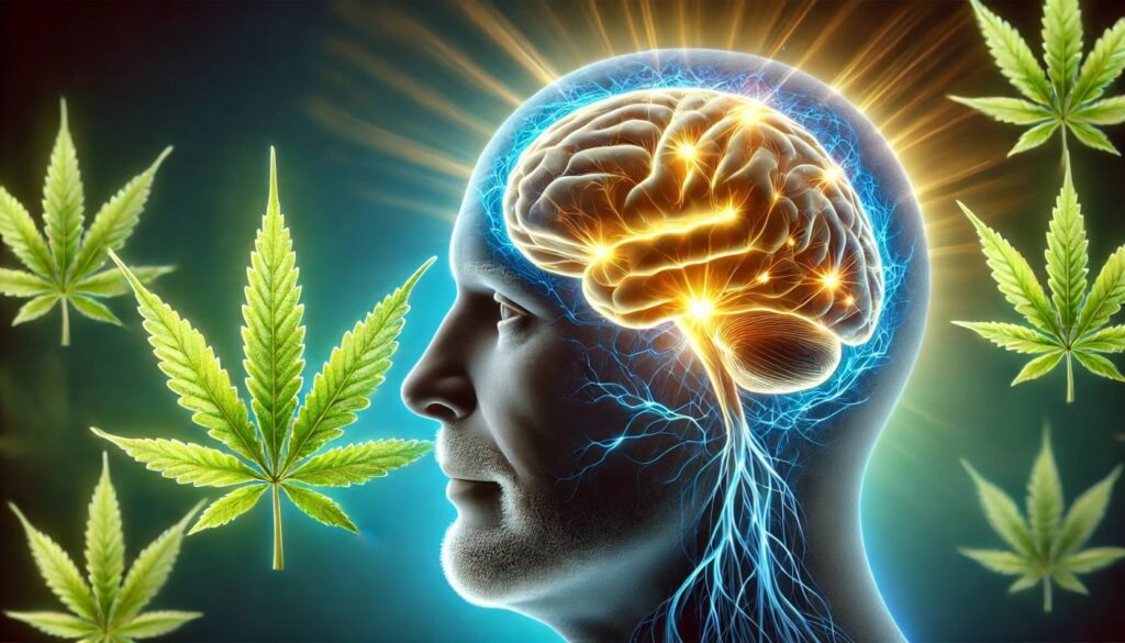 Obraz przedstawiający odmłodzenie starzejącego się mózgu dzięki THC, z rozświetlonymi połączeniami neuronowymi i liśćmi konopi na ciemnoniebieskim tle.