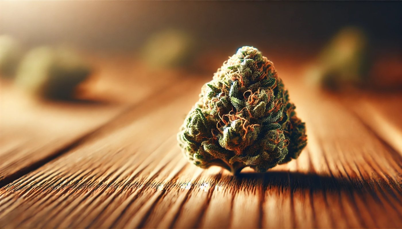 Bardzo bliskie ujęcie małej ilości suszu marihuany medycznej na drewnianej powierzchni, ukazujące szczegóły tekstury i trichomów, symbolizujące mikrodawkowanie THC w celach terapeutycznych.