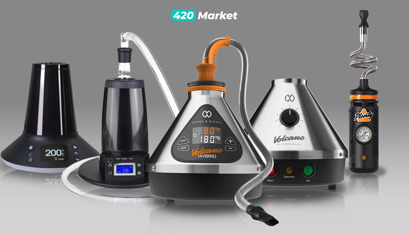 Ranking najlepszych waporyzatorów stacjonarnych na 2024 rok, przedstawiający różne modele, w tym Volcano Hybrid, Volcano Classic, Plenty, Arizer XQ2 i Extreme Q, w porównaniu obok siebie. Obraz pokazuje eleganckie wzornictwo i kluczowe funkcje, takie jak cyfrowa kontrola temperatury oraz unikalne systemy dostarczania pary. Logo 420Market widoczne na górze.