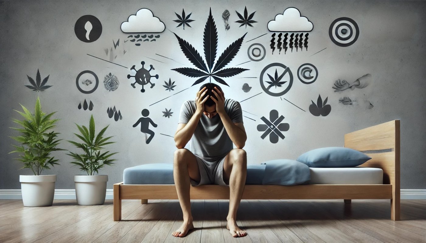Osoba doświadczająca objawów odstawienia marihuany, trzymająca się za głowę, otoczona wizualnymi elementami symbolizującymi fizyczne i psychiczne symptomy, takie jak bezsenność, lęk i dyskomfort fizyczny