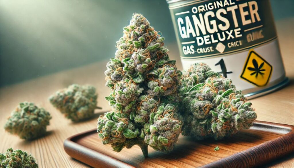 Original Gangster Deluxe – Nowa Odmiana od Canopy Growth 1 Zbliżenie na gęste kwiaty odmiany Original Gangster Deluxe, o jasnozielonych i fioletowych odcieniach, pokryte trichomami. Obraz przedstawia naturalne tło z sugestią gazowego, cytrusowego i ostrego profilu smakowego, idealny do promocji medycznej marihuany