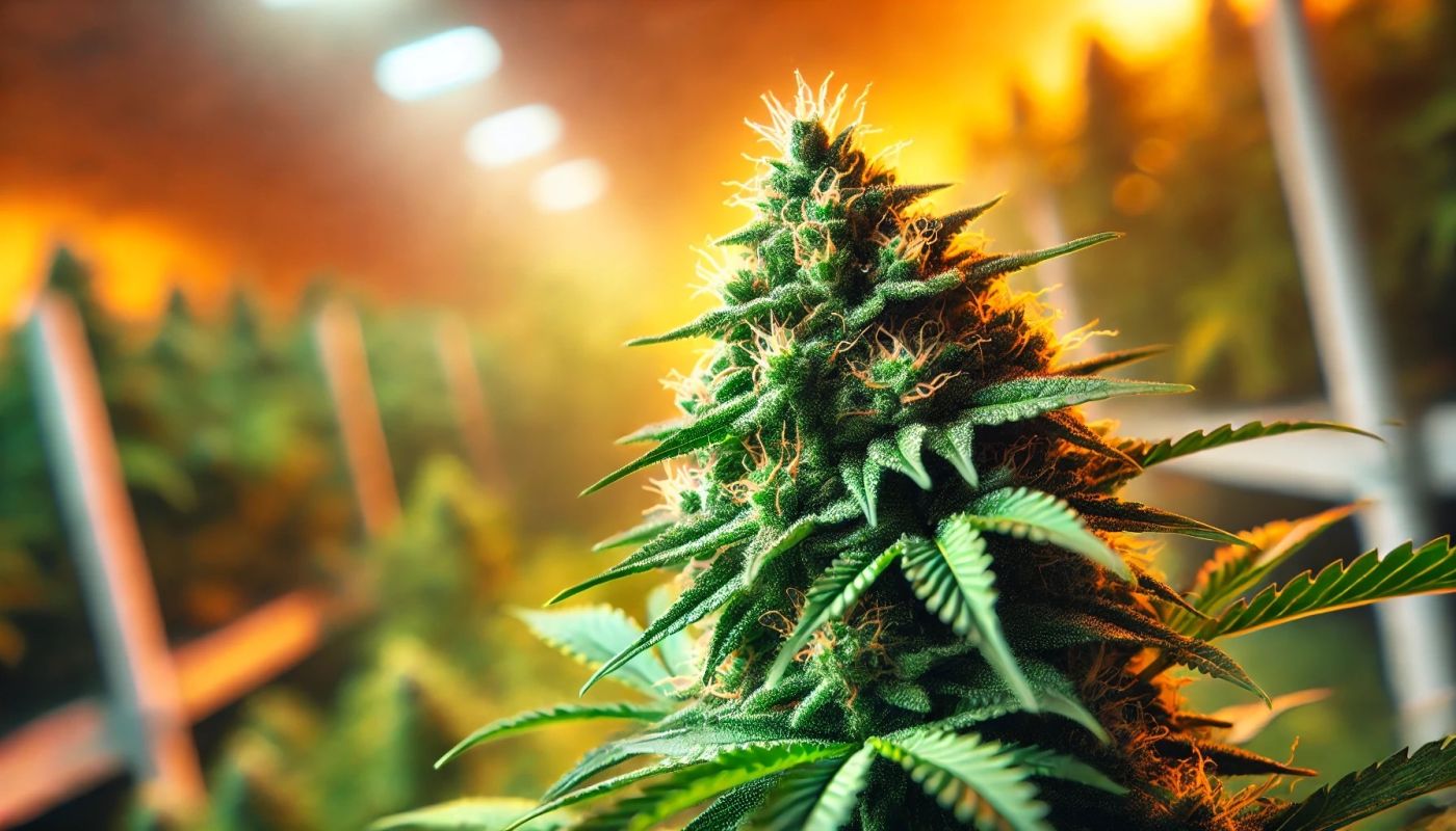 Kwiat marihuany Sour Diesel od S-LAB w hodowli wewnętrznej, przedstawiający jasnozielony pąk z widocznymi trichomami i słupkami. Zdjęcie oddaje energetyczny, cytrusowy i ziemisty charakter odmiany Sour Diesel, wywołując poczucie świeżości i witalności