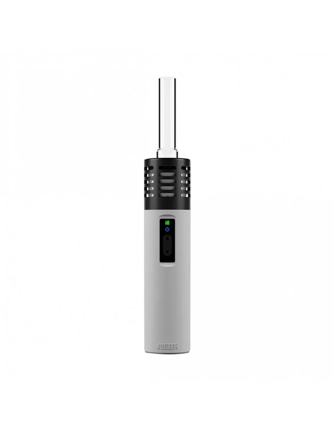Arizer Air SE - Waporyzator do suszu z wymienną baterią 1 Arizer Air SE – kompaktowy waporyzator do suszu z wymienną baterią i szklaną ścieżką pary, zaprezentowany w kolorze srebrnym na białym tle.