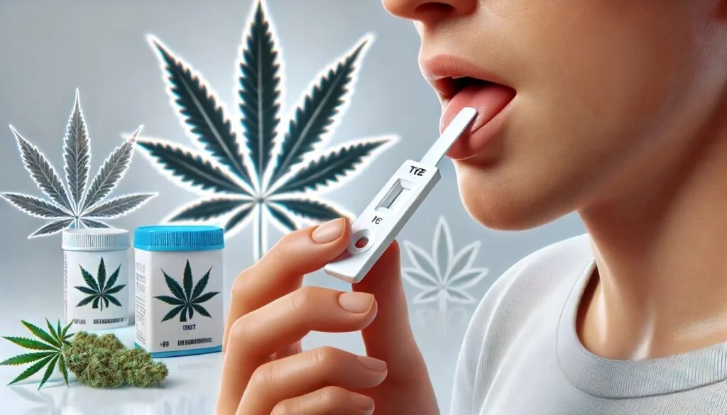 Jak długo THC utrzymuje się w ślinie i jak się go pozbyć? 1 Osoba używająca testera na obecność THC w ślinie, ilustrująca temat: jak długo THC utrzymuje się w ślinie, na tle delikatnych motywów liści konopi i profesjonalnego gradientowego tła.