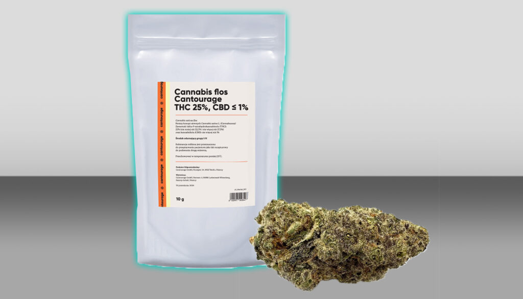 Mac 1 (Cantourage) THC 25%, CBD <1% 1 Zdjęcie opakowania medycznej marihuany Mac 1 od Cantourage (Cannabis Flos THC 25%, CBD ≤ 1%) o pojemności 10 g, obok widoczny pąk suszu o jasnozielonym kolorze z białymi trichomami i bursztynowymi włoskami.