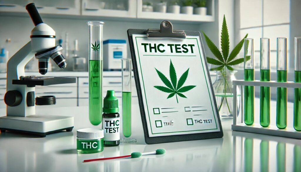 Jak długo THC utrzymuje się w ślinie i jak się go pozbyć? 2 Zestaw do testowania THC w ślinie w nowoczesnym laboratorium, z probówkami, wymazówką i klipsem medycznym oznaczonym 'Test THC