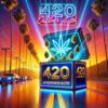 grafika promująca 420 OUTDOOR BOX AUTO – limitowany zestaw 10 automatycznych nasion konopi. Na tle zachodu słońca z palmami widoczny jest futurystyczny, neonowy box z logo 420, otoczony unoszącymi się pąkami konopi. Jasne, energetyczne barwy i efektowne światła podkreślają ekskluzywny charakter produktu