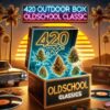 grafika promująca 420 OUTDOOR BOX OLDSCHOOL CLASSIC – zestaw 5 automatycznie kwitnących klasyków konopi. Na tle nostalgicznego zachodu słońca z palmami widoczny jest otwarty neonowy box z unoszącymi się świetlistymi pąkami konopi. Klimat retro podkreślają winylowe płyty, klasyczny samochód i złoto-pomarańczowa kolorystyka, nawiązująca do oldschoolowych odmian marihuany