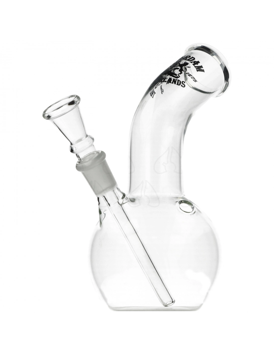 Bongo Amsterdam – 18 cm, szkło, Turbo, szlif 14.5 mm 1 Szklane bongo Amsterdam o wysokości 18 cm, klasyczna konstrukcja z cybuchem chillum, dziurką Turbo, szerokim ustnikiem i logo Amsterdam w kolorze czarnym.