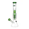 Szklane bongo GRACE GLASS Green Shotgun o wysokości 35 cm z zielonymi akcentami, 8-ramiennym perkolatorem, kopułką Anti-Splash i uchwytem na lód, wykonane z borokrzemowego szkła.