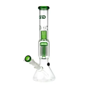 Promocje 420 89 Szklane bongo GRACE GLASS Green Shotgun o wysokości 35 cm z zielonymi akcentami, 8-ramiennym perkolatorem, kopułką Anti-Splash i uchwytem na lód, wykonane z borokrzemowego szkła.