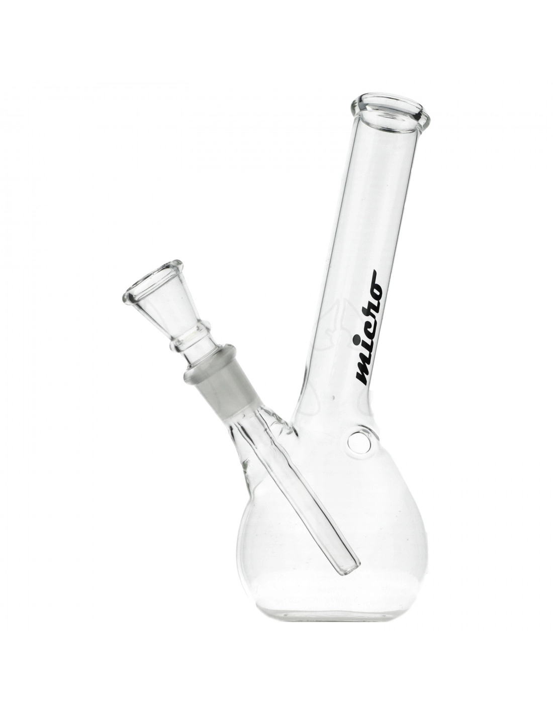 Bongo Micro Hangover 16 cm – Klasyczne i kompaktowe 1 Szklane bongo Micro Hangover o wysokości 16 cm, wykonane z przezroczystego szkła o grubości 3 mm. Klasyczna konstrukcja z wyciąganym cybuchem z rurką chillum, dziurką Turbo oraz szerokim, wygodnym ustnikiem. Na rurze widoczne czarne logo "Micro".