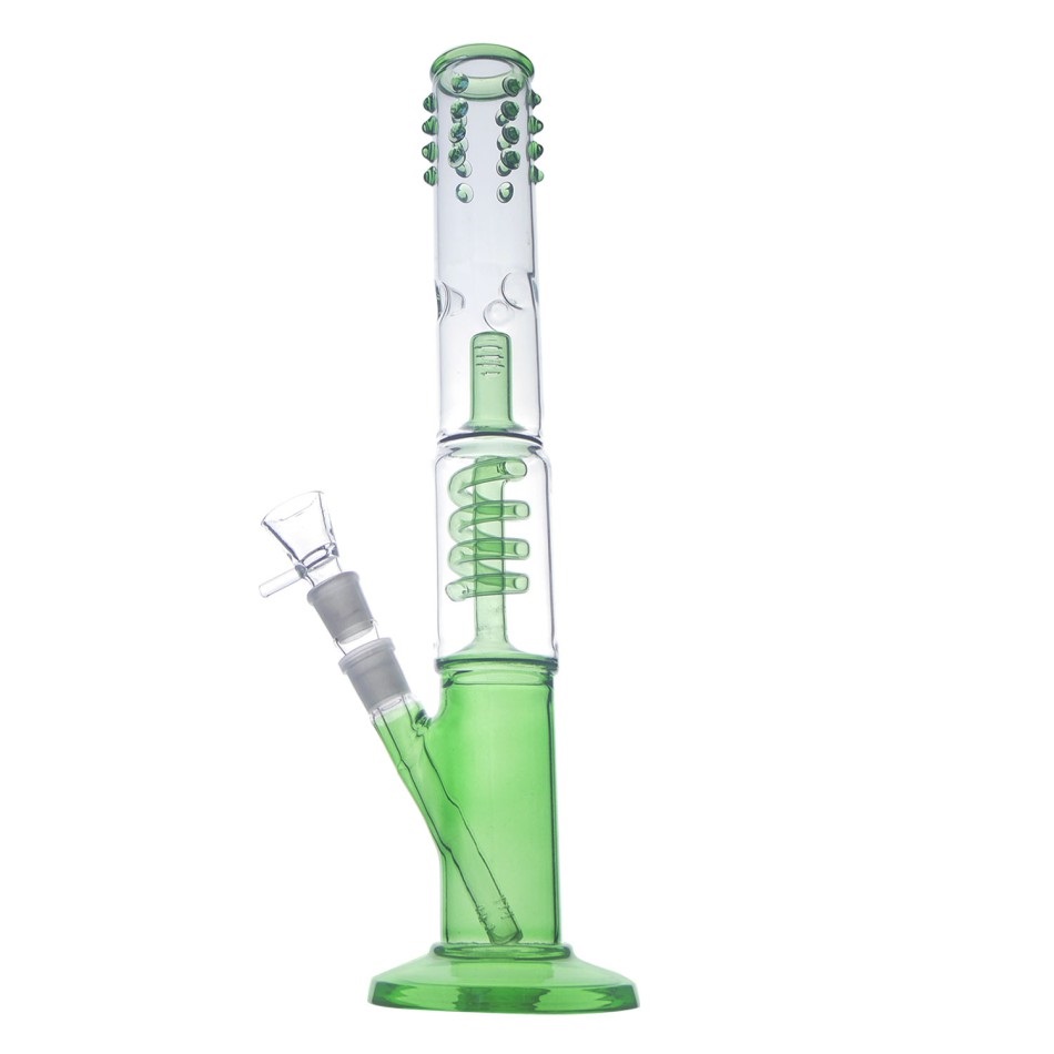 Bongo Lodowe Hell 40 cm z Dyfuzorem Spiralnym i Uchwytem na Lód 1 Bongo lodowe Hell o wysokości 40 cm w kolorze zielonym, wykonane z borokrzemowego szkła, z widocznym spiralnym dyfuzorem, uchwytem na kostki lodu oraz cybuchem o szlifie 18.8 mm. Idealne dla miłośników skutecznej filtracji i chłodzenia dymu.