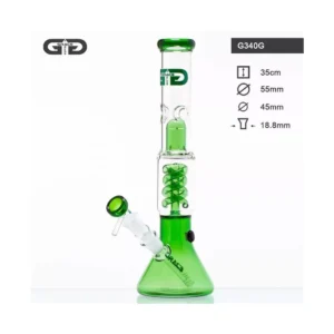 Promocje 420 189 Zielone bongo Grace Glass GG BEAKER BONG G340G o wysokości 35 cm, wykonane z borokrzemowego szkła, z spiralnym dyfuzorem, logo Grace Glass, szlifem 18,8 mm i szeroką podstawą typu beaker.